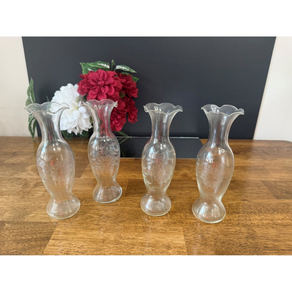 Vintage W.J. Hughes‎ Cornflower Etched 4 Clear Glass Vase Set Ruffled Rim Flower
